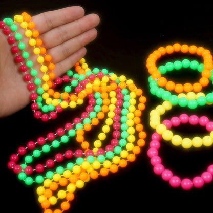 4PCS Connected Beads Necklace Bracelet Set Neon Colorful Beads String Collar Charm Bohemian Fluorescent Choker Birthday Gift