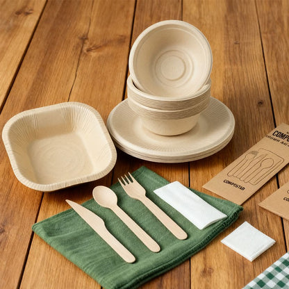 Conjunto Descartável de Talheres de Polpa com 20 Peças Biodegradáveis Inclui Tigela Prato Faca Garfo Colher para Casa Festa Piquenique Recipientes de Comida