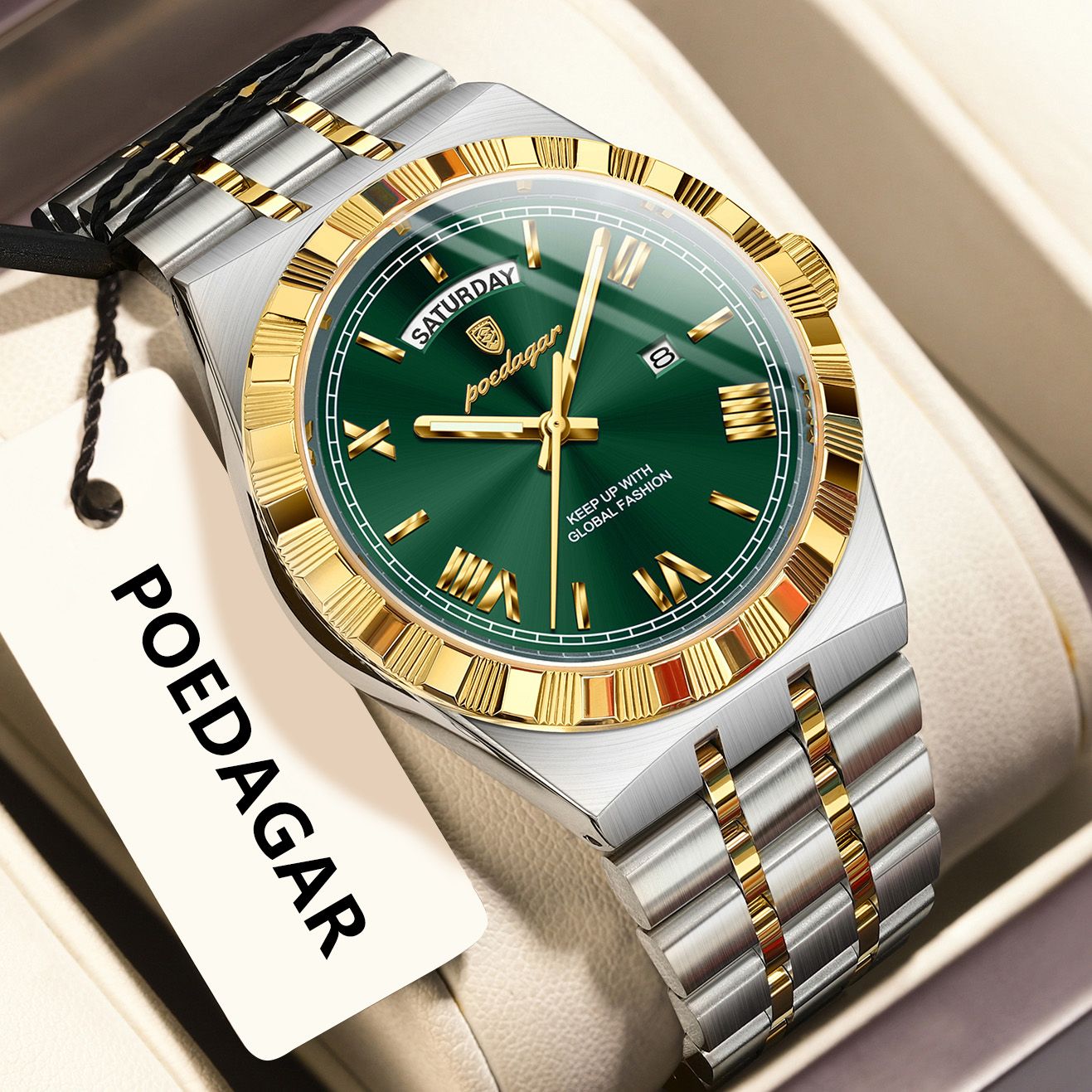 POEDAGAR Luxury Business Man Watch Week Date Waterproof Luminous Watches For Men Stainless Steel Quartz Fashion Men's Wristwatch