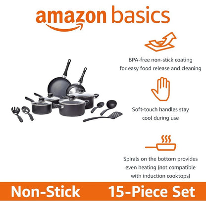 Conjunto de Panelas e Utensílios de Cozinha Antiaderentes com 15 Peças para Culinária Doméstica Não Compatível com Fogões de Indução Inclui Panelas Frigideiras Resistentes e Utensílios Essenciais
