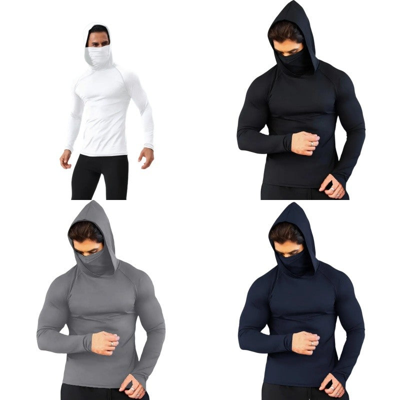 Men Compression t Shirt Soild Casual t-Shirt Long Sleeve Fitness Tops Running Gym t-Shirts Hooded Shirts With Mask Male Clothes