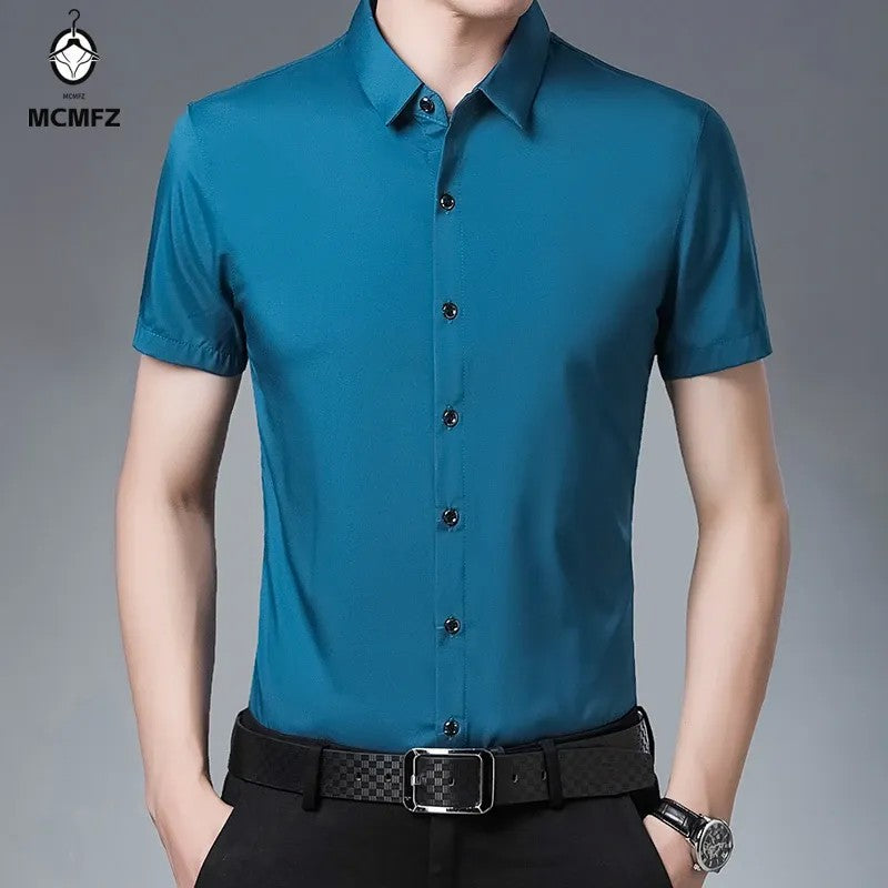 Men's Business Casual Solid Color Short Sleeved Shirt Non Ironing Comfortable Top
