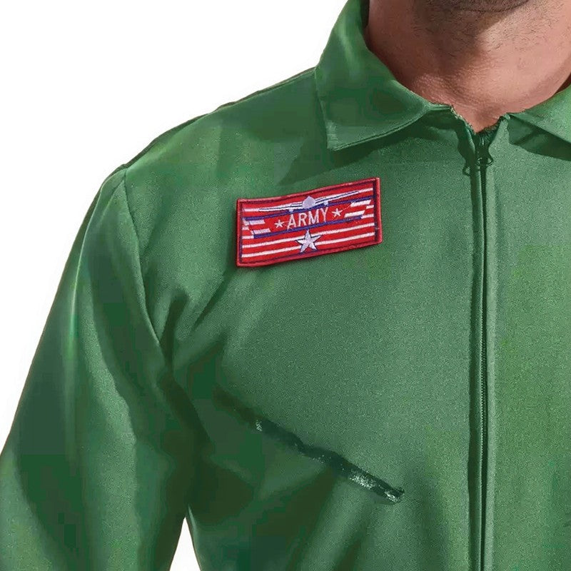 Men's Stylish Pilot Costume Air Force Pattern Jumpsuit Green Fighter Jet Outfit Halloween Costume Adult Masquerade Ball Carnival