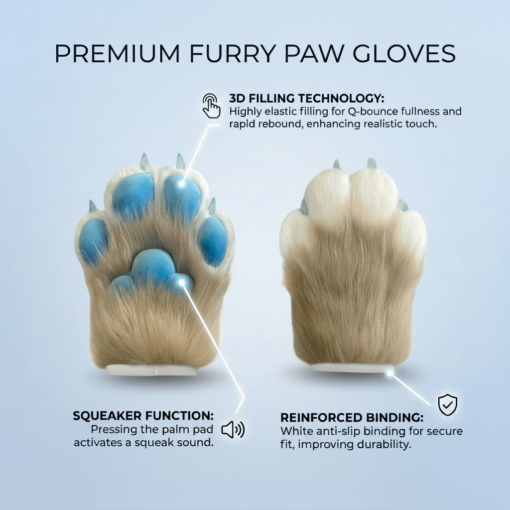 Realistic Fursuit Paws Gloves Soft Plush Furry Animal Paws with Claws for Cosplay Halloween Party Unisex Adult
