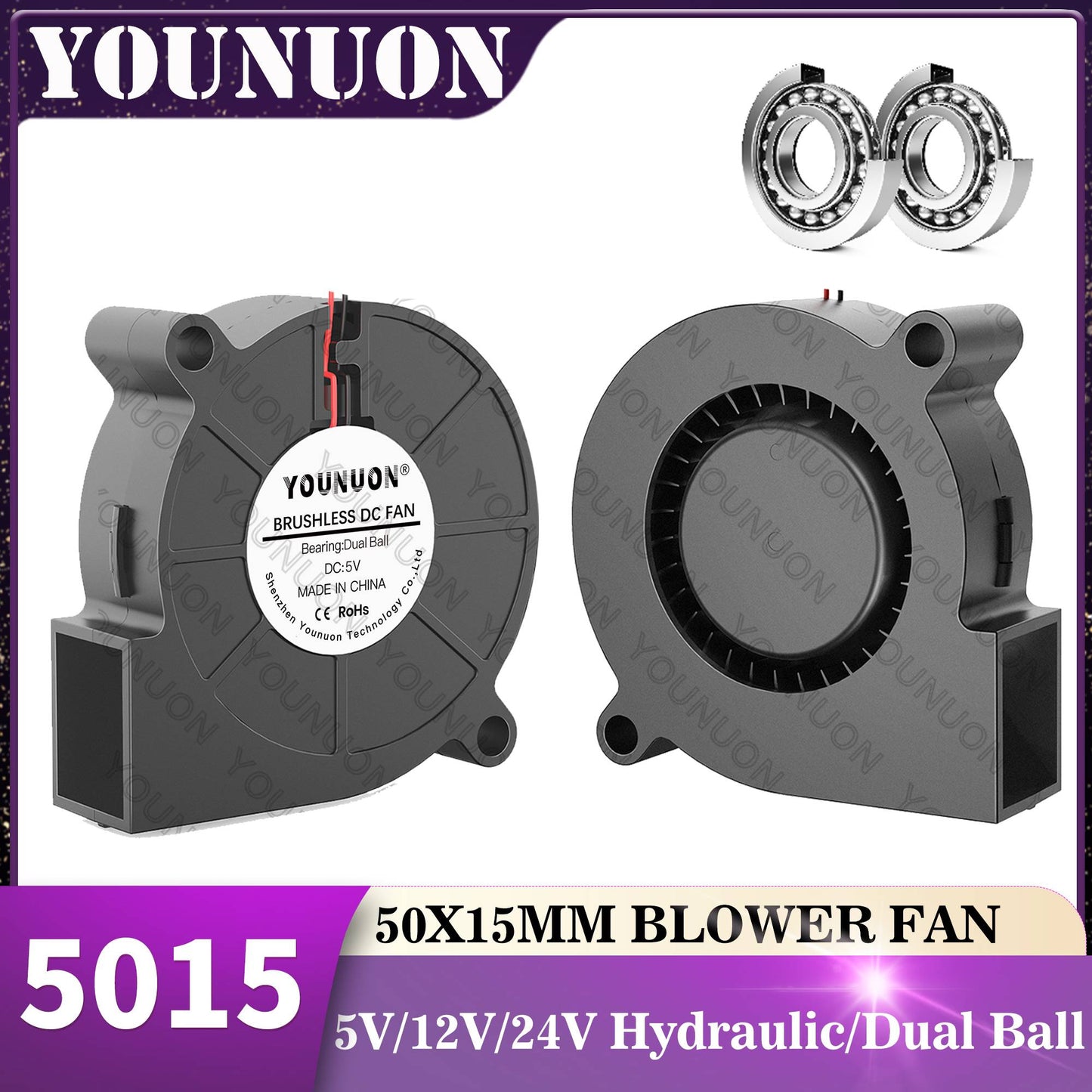 5015 50mm DC 24V 12V 5V 2Pin Dual Ball/Sleeve Bearing Brushless Cooling Turbine Blower Fan 50mm x 15mm Blower Cooler Fan