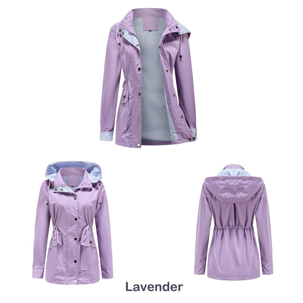 Purple Hooded Jacket for Spring 2025 Women's Office Fashion Women Outerwear Hat with Removable Waist Drawstring Water Proof