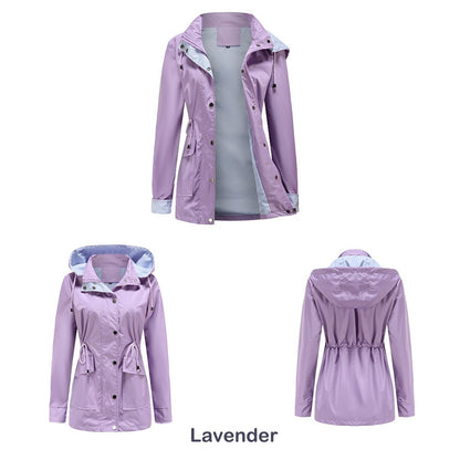 Purple Hooded Jacket for Spring 2025 Women's Office Fashion Women Outerwear Hat with Removable Waist Drawstring Water Proof
