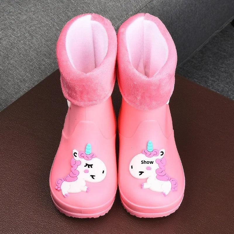 Children's Fleece-Lined Non-Slip Rain Boots For Boys And Girls Cartoon Cute Princess Style Anti-Slip Four Seasons Kids Shoes