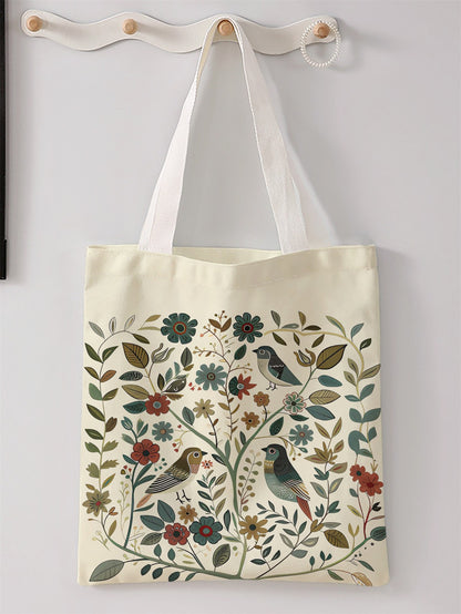 Bird and flower pattern printed casual handbag, reusable fashionable backpack, multifunctional handbag, canvas shopping bag