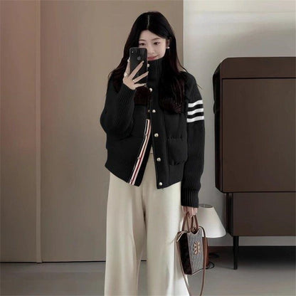 Little Women's Wear Knitted Stitching Coat Down Cotton-padded Short Female 2025 Winter Casual Jacket Loose Collar Thick Overwear