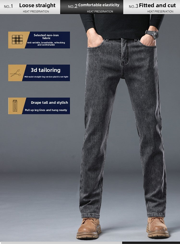 Calça Jeans Masculina de Inverno Slim Reta Elástica Jeans Casual Masculino Roupa Moda Calça Pelúcia Nova Moda Jeans Quente