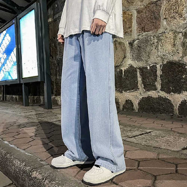 Fashion Men's Solid Color Drape Jeans Loose Straight Korean Vintage High Street Hip-hop Y2K Casual Daily Dragging Wide-leg Pants