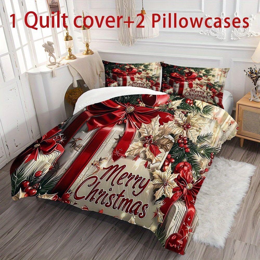Conjunto de Cama de Natal Laço Vermelho Flores Estampadas Capa de Edredom Aconchegante Tamanho King Queen Solteiro Presente de Ano Novo Natal Decoração de Quarto