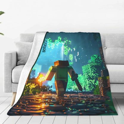 Cartoon Mines Pixel Game Crafts Flannel Blanket Super Warm Throw Blanket for Home Decor Decorative Street Trend Bedspread