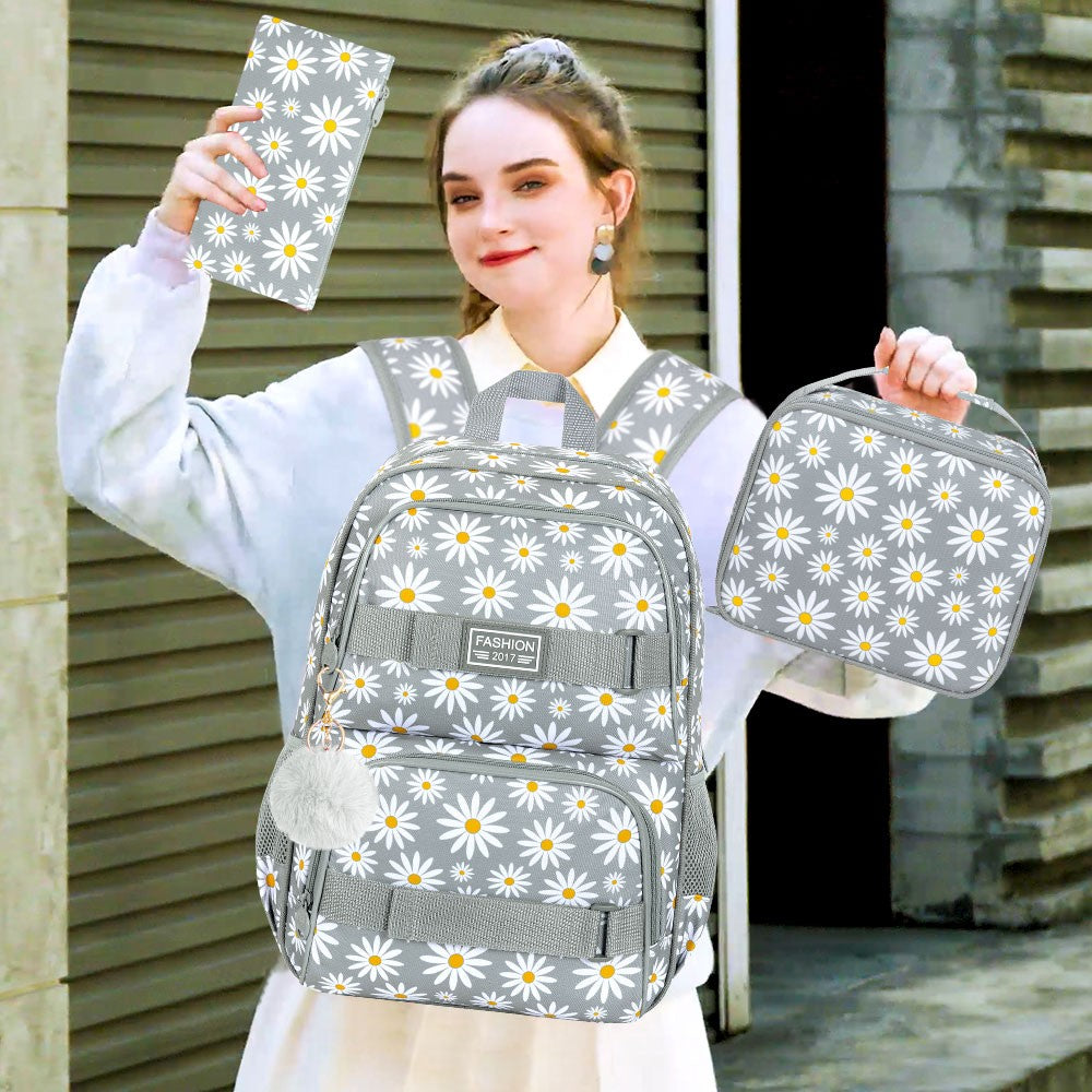 3PCS Daisy Girls Backpack, 17 Inch Laptop School Bookbag Teen College Water Resistant Kids Backpacks with Lunch Box Set - Grey