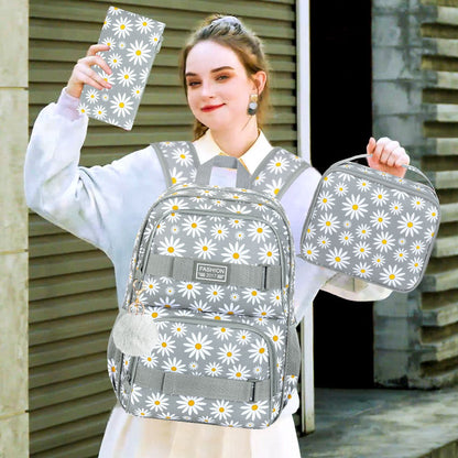 3PCS Daisy Girls Backpack, 17 Inch Laptop School Bookbag Teen College Water Resistant Kids Backpacks with Lunch Box Set - Grey