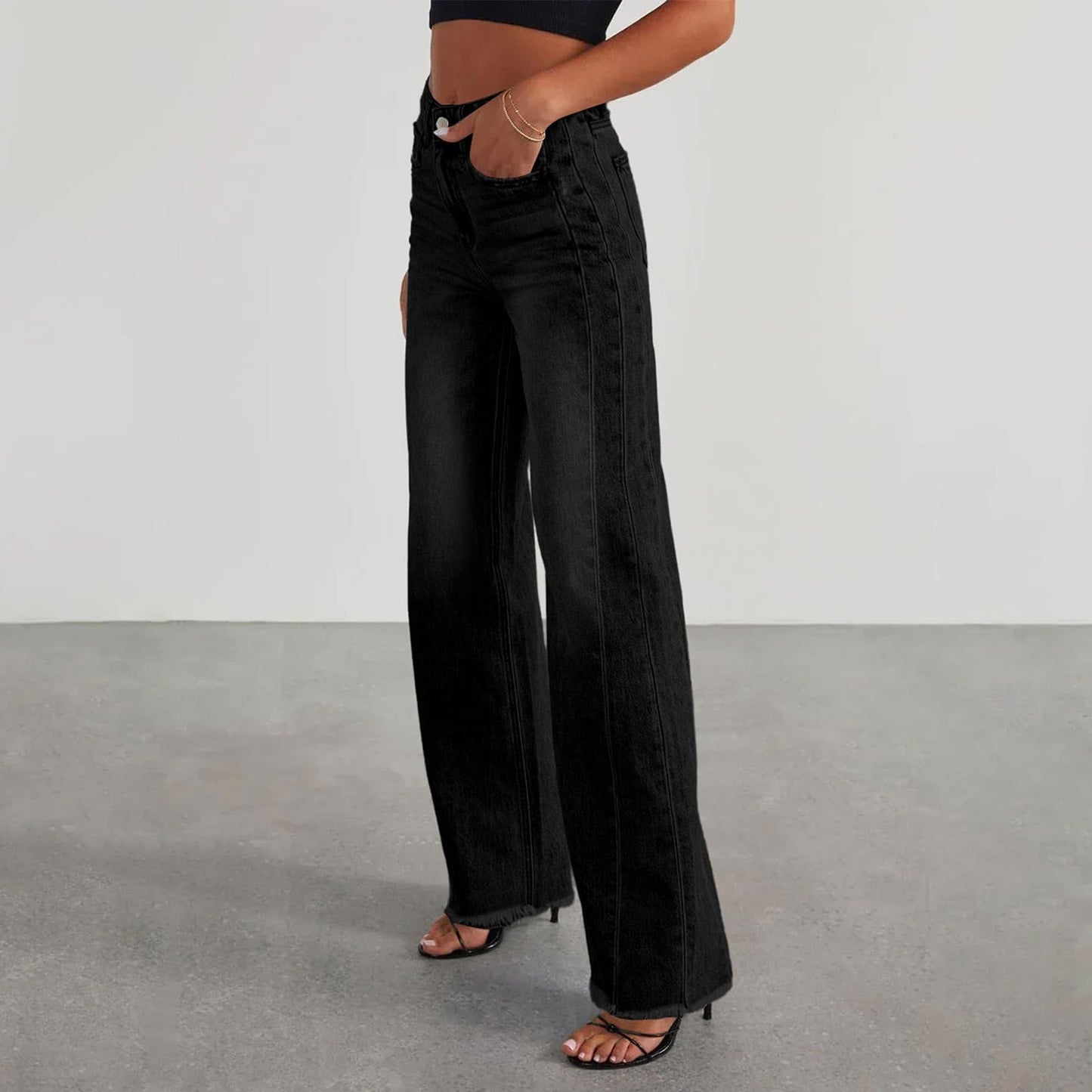 Retro High Waist Straight Leg Jeans Women's Fashion Cross-Border Frayed Hem New Style Side Seam Patchwork Distressed