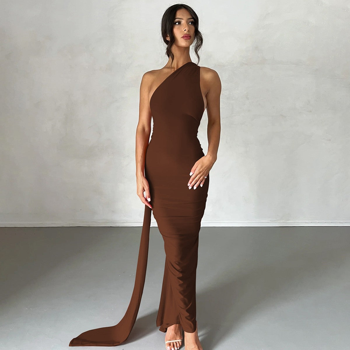 Hugcitar One Shoulder Backless Adjustable Scarf Loop Ruched Sexy Maxi Dress Wome