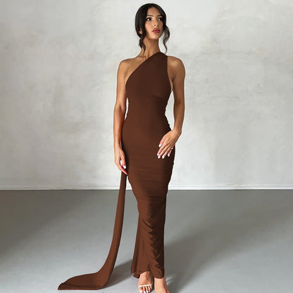 Hugcitar One Shoulder Backless Adjustable Scarf Loop Ruched Sexy Maxi Dress Wome