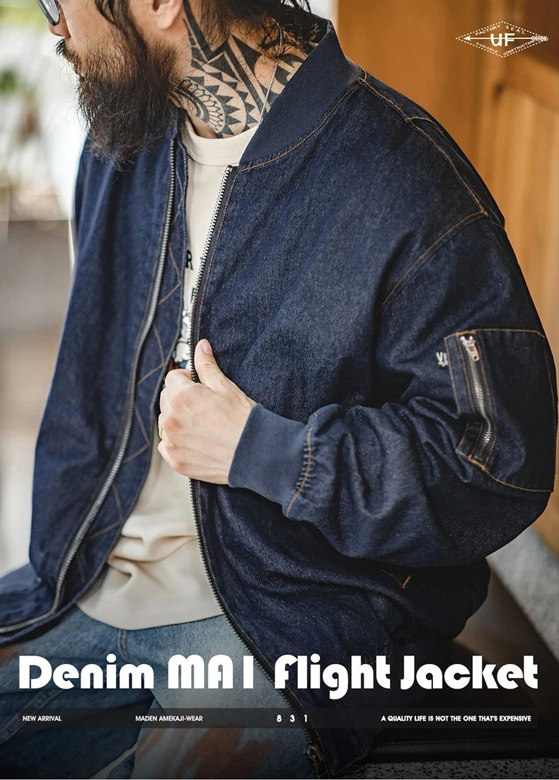 Maden Retro MA-1 Flight 8.9oz Denim Jacket Baseball Collar Bomber Jackets Casual Denim Coats for Men's Versatile Autumn Clothing