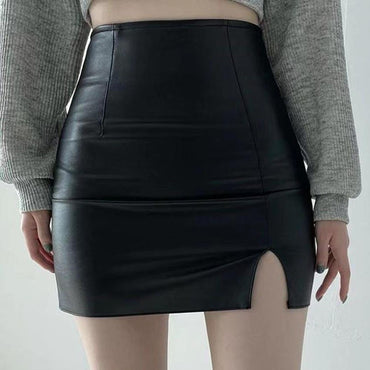 Xpqbb Balck PU Leather Mini Skirt Women Sexy Skinny High Waist Side Split Hip Skirts Autumn New Korean Office Lady Short Skirt