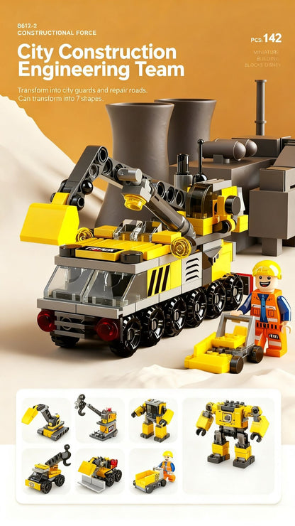 6 in 1 Mega City Building Set - Police Car, Fire Truck, Crane, Tank, Helicopter & More, Construction Engineering Toys Gift