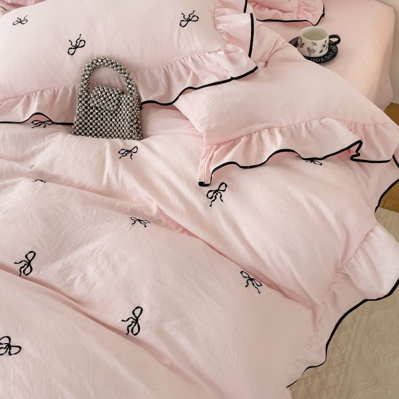 3pcs bow embroidery Bedding set ruffles Duvet Cover Set (1*Duvet Cover + 2*Pillowcase, Without Core)for bedroom guest room