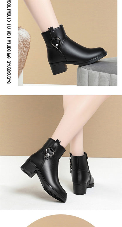 Women's Winter Waterproof Fashion Soft Leather Ankle Boots Mom Thick Plush Warm Cotton Shoes Thick Heel Platform Boots