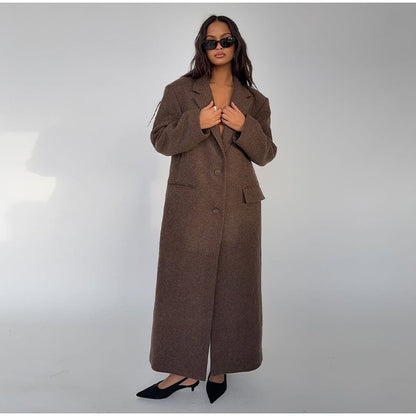 Women Shoulder Pad Wool Long Coats Fashion Lapel Single-breasted Long Sleeve Coat Chic 2025 Autumn Lady Commute Street Outerwear