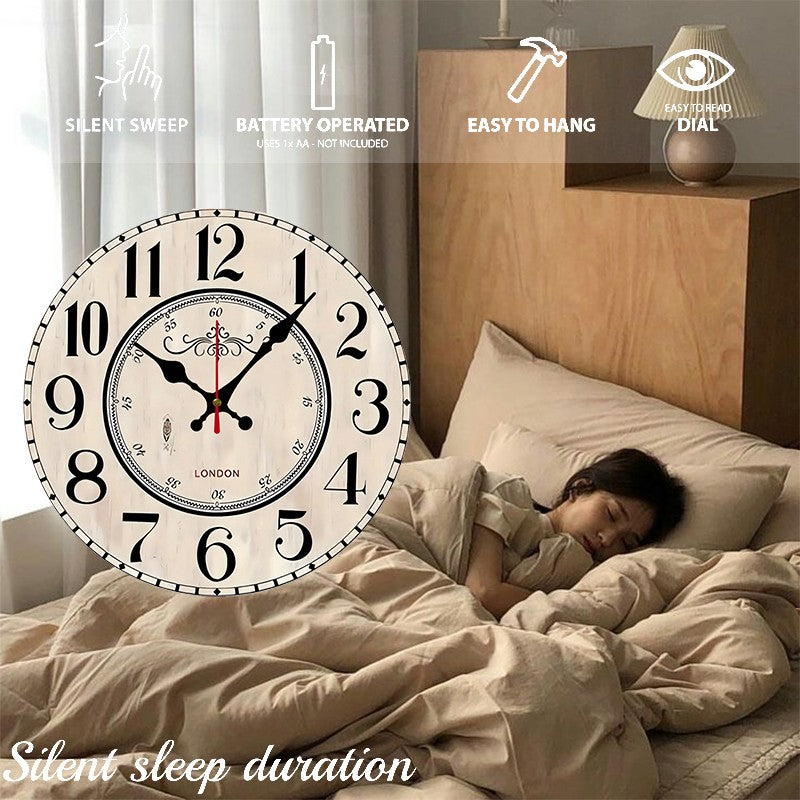 London Arabic Wooden Round Silent Hanging Wall Clock, Suitable For Living Room, Office, Study Room, Bedroom, Home Decoration
