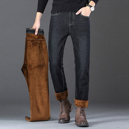 Men New Winter Warm Jeans Male Fleece Lined Thickened Denim Pants Loose Straight Cold Protection Casual Breathable Trousers
