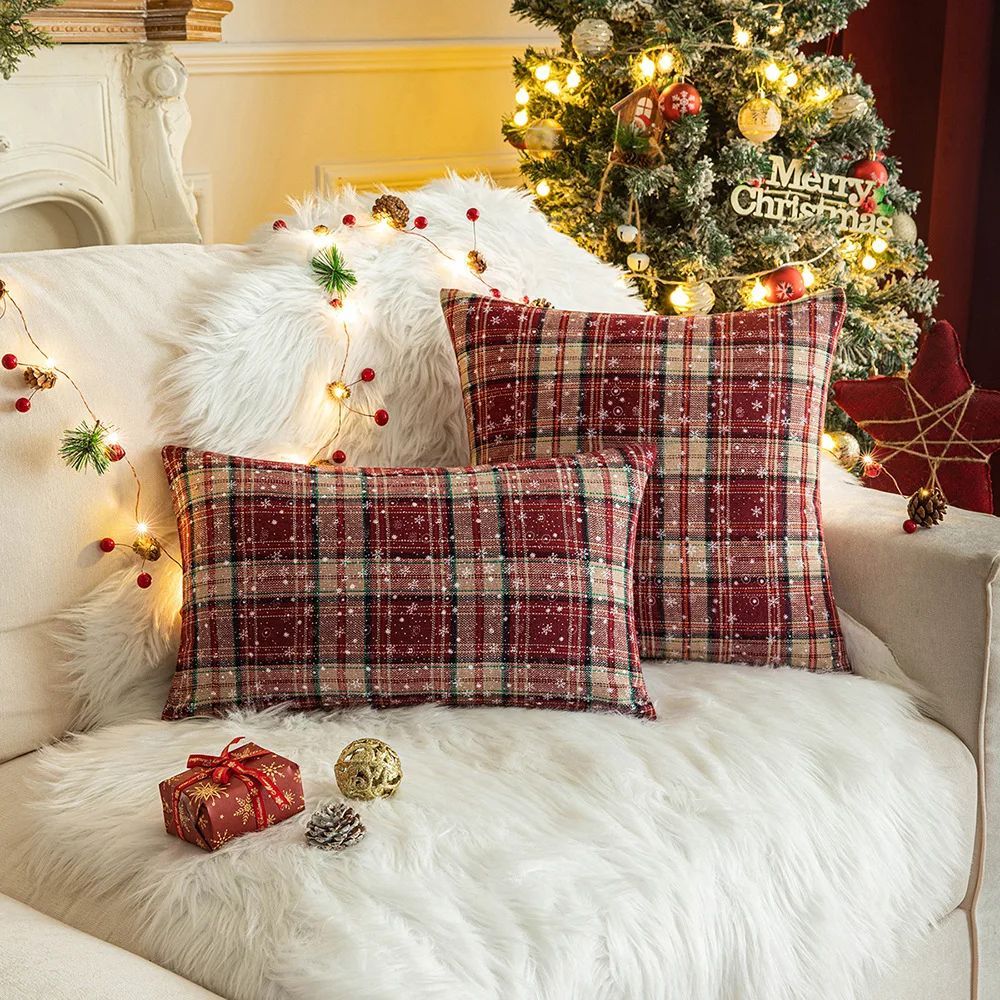 Home Christmas Decor Plaid Cushion Covers Red Checkered Polyester Cotton Xmas Ornament Snowflake Throw Pillowcase Decorative