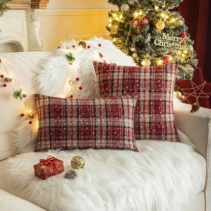 Home Christmas Decor Plaid Cushion Covers Red Checkered Polyester Cotton Xmas Ornament Snowflake Throw Pillowcase Decorative