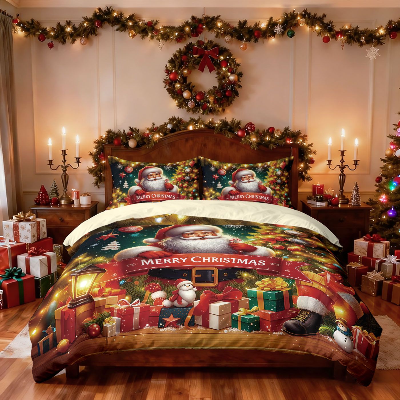 3pcs Merry Christmas Santa Claus print coreless bedding set multiple size bedrooms bedding holiday decorations, machine washable
