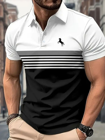Men'S Casual Short Sleeve Polo Shirt with 3D Horse Print Striped Color Block Design Sporty Style Collared Golf Shirt for Summer