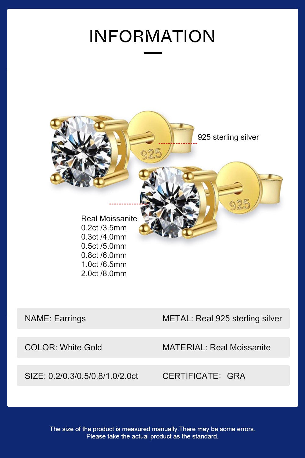 Certified Original 925 Silver Gold Stud Earrings for Women Men 3.5mm 4mm 5mm 6mm 6.5mm Moissanite 4 Claw Earring Fine Jewelry
