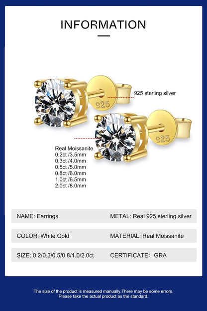 Certified Original 925 Silver Gold Stud Earrings for Women Men 3.5mm 4mm 5mm 6mm 6.5mm Moissanite 4 Claw Earring Fine Jewelry