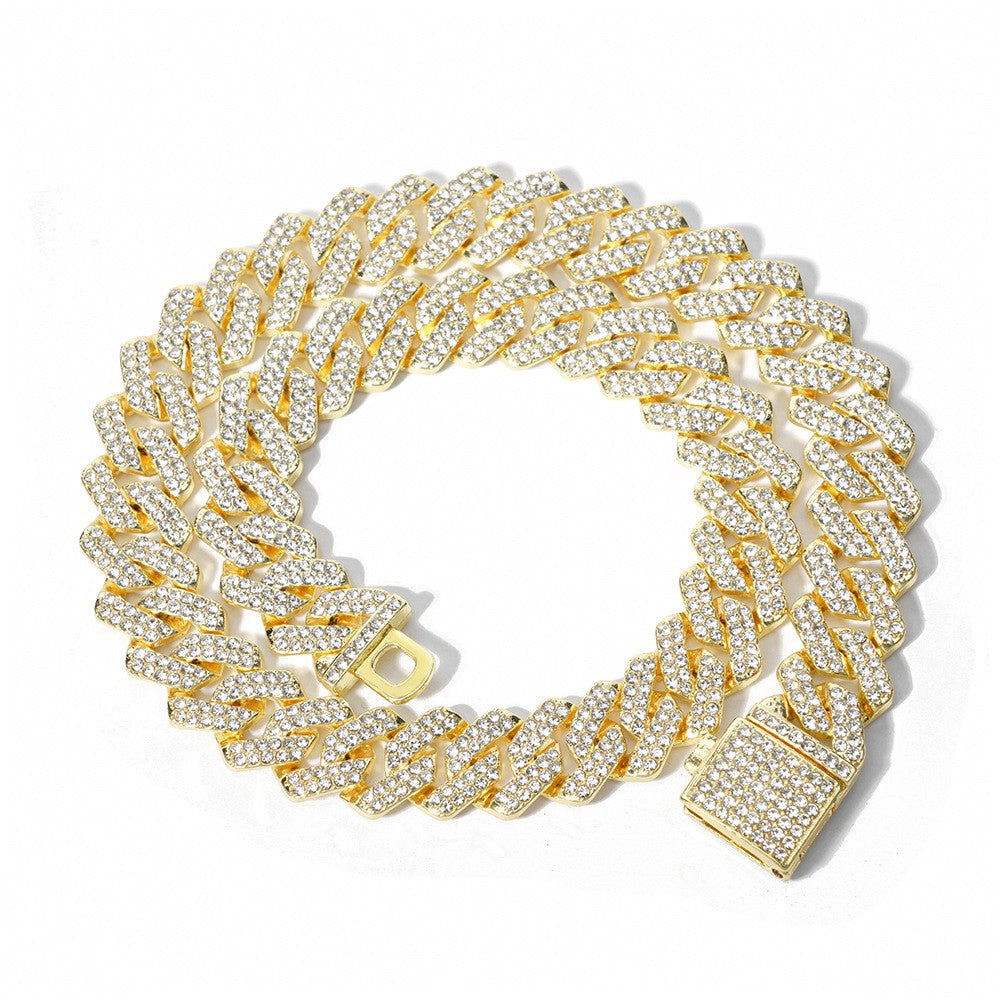 Moda Hip Hop Quadrado 14MM Corrente Cubana Colar Masculino Cor Dourada Feminino Strass Cravejado Corrente Cubana Joias Punk Presente