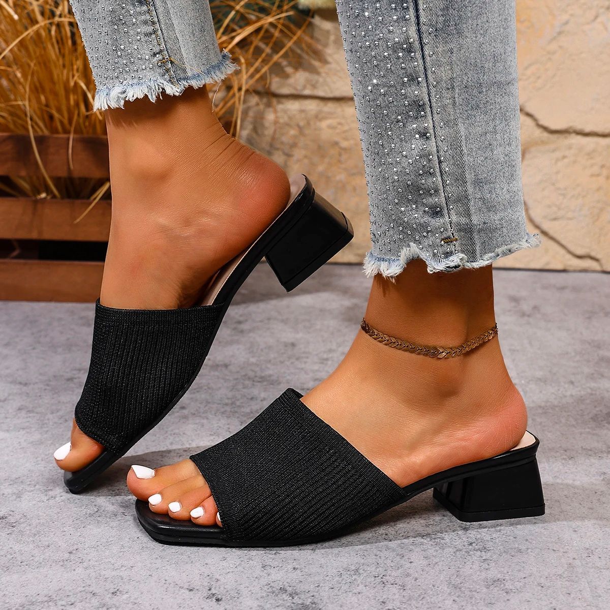 Women Sandals Slippers Summer Luxury Outdoor Casual Size 41 Women Shoes Soft Open Toe High Heels Slides Black Mules Sandals