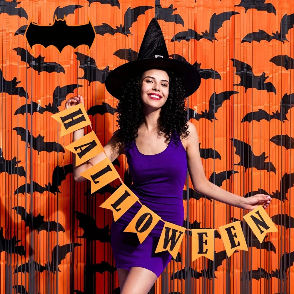 1Pc Black Bat Pattern Orange Foil Fringe Backdrop, Halloween Themed Photo Booth Background Decor For Holiday Party Supplies