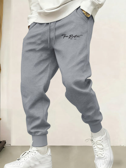 Calça de Moletom Masculina Casual com Estampa "Boston Est 1997", Cintura Elástica, Básica, Confortável, Calça de Outono, Jogging, Calça Comprida Estilo Rua