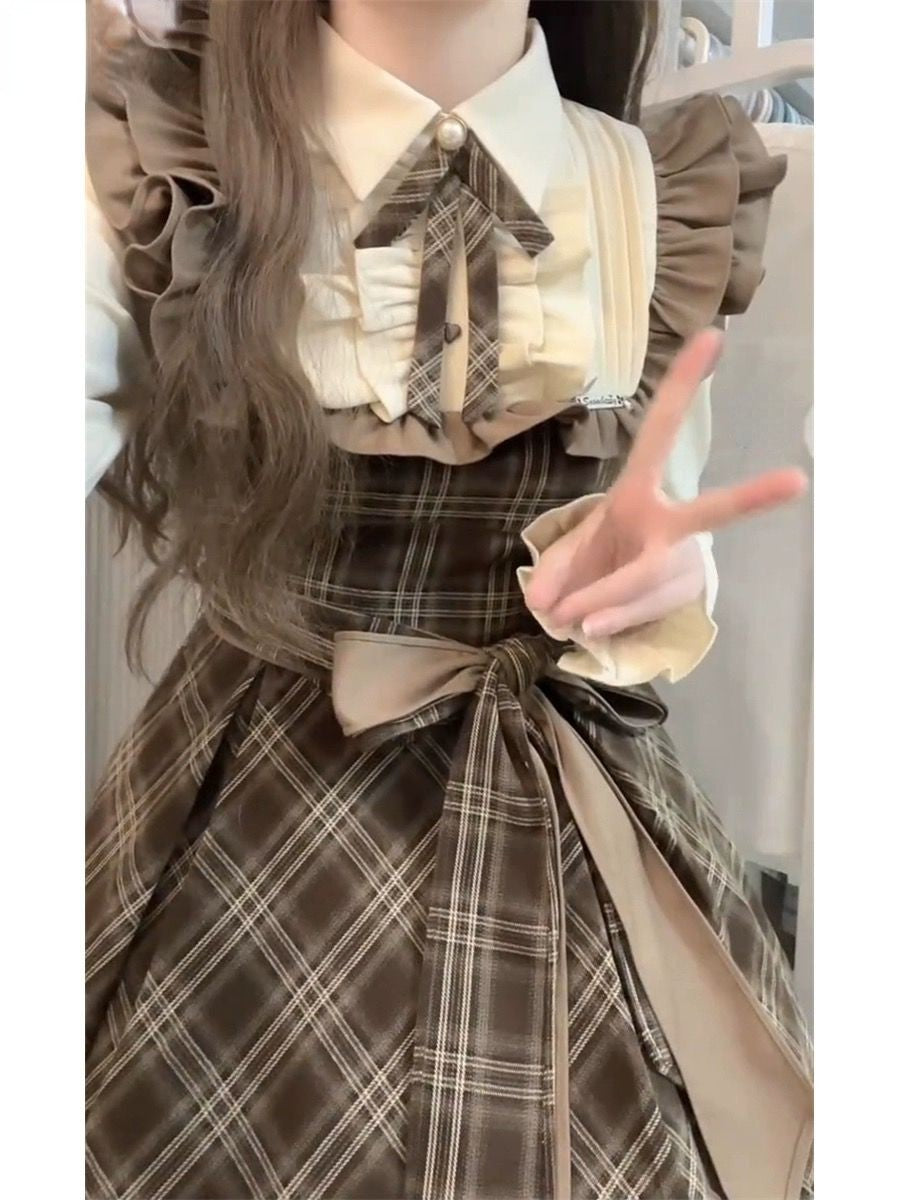 French Vintage Midi Dress Women Casual Evening Party Plaid Dress Office Lady Out