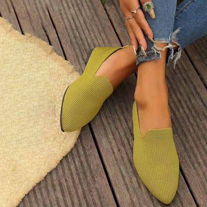 New Women's Solid-Color Pointed-Toe Mesh Loafers Low-Cut Women's Shoes Soft-Sole Knit Ballet Flats Casual Slip-On Boat Shoes