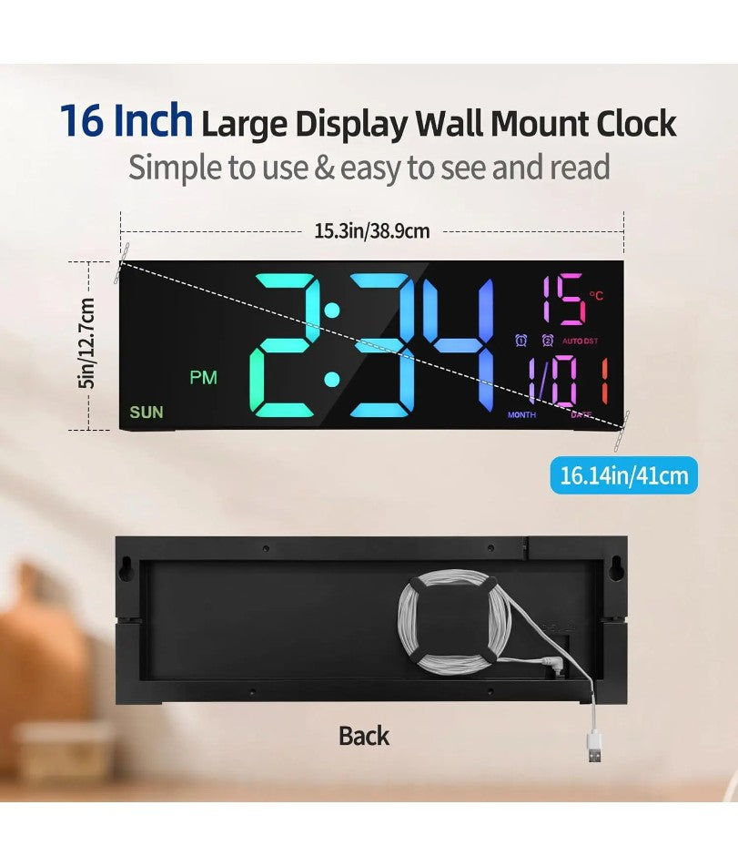 16.2'' Large Digital Wall Clock with Remote Control Big LED/Dual Alarm/8 RGB Colors Digital Alarm Clock Electronic Watch