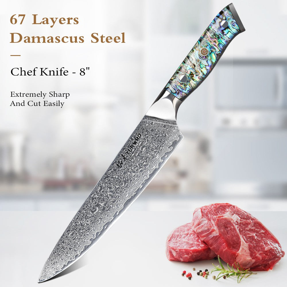 Faca de Cozinha TURWHO Japonesa de Aço Damasco de 67 Camadas com Cabo de Abalone Afiada Faca Santoku para Pão Bife Faca de Chef Ferramentas de Corte para Cozinha