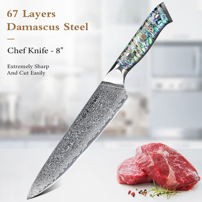 Faca de Cozinha TURWHO Japonesa de Aço Damasco de 67 Camadas com Cabo de Abalone Afiada Faca Santoku para Pão Bife Faca de Chef Ferramentas de Corte para Cozinha