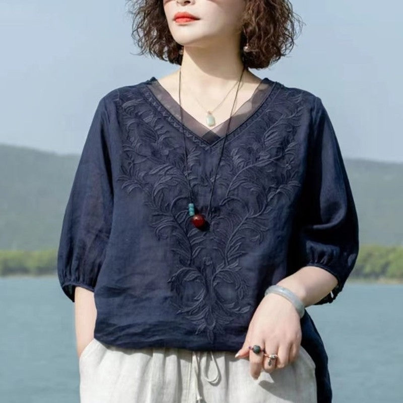 Summer New Literary Vintage Embroidery Cotton Linen Shirt Ladies Half Sleeve Loose Casual Fashion Blouse Women's Clothing Tops
