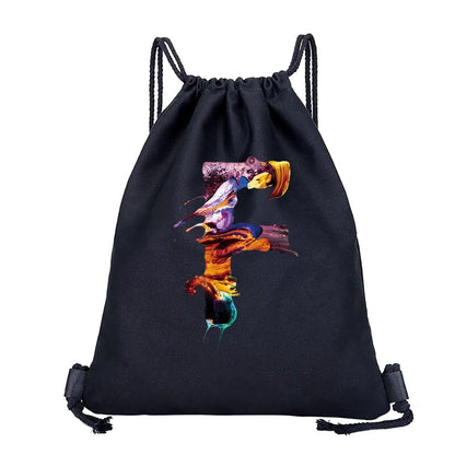26 Initials Print Drawstring Bag Backpack Men and Women Beach Sports Travel Backpack Kid Gift Supplies Bag Portable Sundries Bag