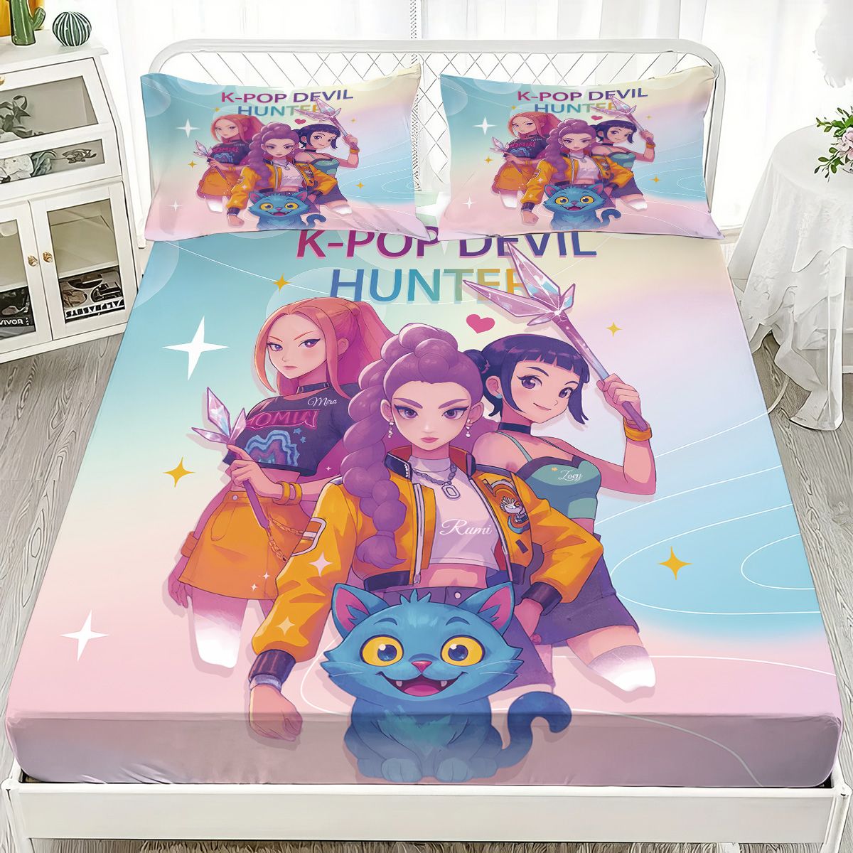 Conjunto de Lençóis Sem Costura K-Pop Demon Hunters Estampado 3 Peças Vários Tamanhos Macio Capa de Cama Roupa de Cama Lavável na Máquina