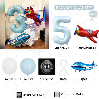 56Pcs Airplane Themed Blue Digital Balloon Set 1-9 Birthday Party Decoration baby Shower Globos Gift Shooting Props